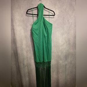 AQUA Bloomingdale’s Green Fringe Trim Halter Dress~Large $118~NWT